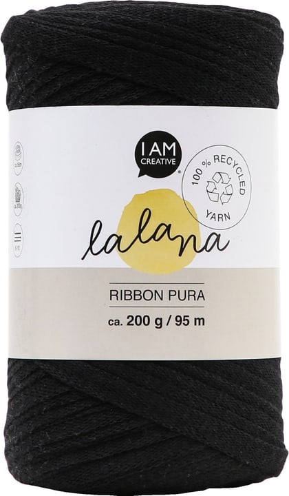 Image of Ribbon Pura black, Lalana Bandgarn zum Häkeln, Stricken, Knüpfen & Makramee Projekte, Schwarz, ca. 8 x 1 mm 95 m, 200 g, Strang Wolle