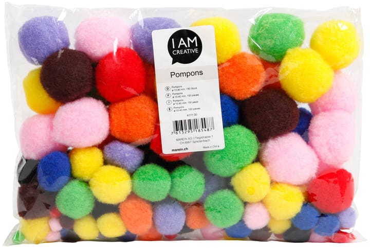 Image of I AM CREATIVE Pompons Set, Bommel aus flauschigen Kunststofffasern zum Basteln, ø 10-35 mm, Bunt assortiert, 150 Stück Pompon Set