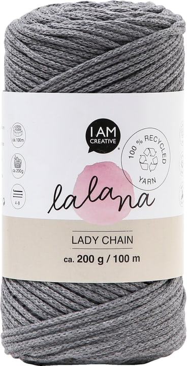 Lady Chain dark grey, filo catenella Lalana per uncinetto, maglia, annodatura e macramè, grigio scuro, circa 2 mm x 100 m, circa 200 g, 1 gomitolo