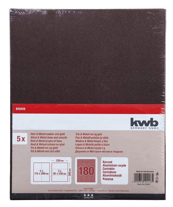 kwb Papier Corindon GR. 180, 5 pcs. Papier Abrasif