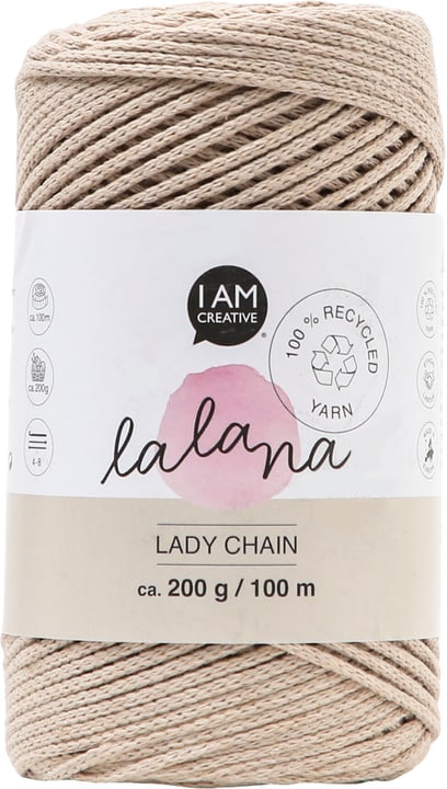 lady Chain beige, filo catenella Lalana per uncinetto, maglia, annodature e macramè, beige, ca. 2 mm x 100 m, ca. 200 g, 1 gomitolo