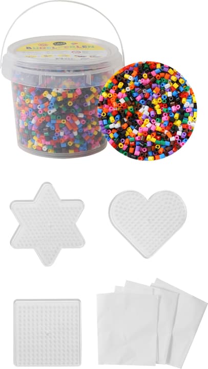 Image of Bügelperlen im Eimer, Steckperlen in praktischem Aufbewahrungseimer inkl. Steckplatten und Bügelpapier, Bunt-Mix, 5’000 Stück, 3 Platten, Bügelpapiere