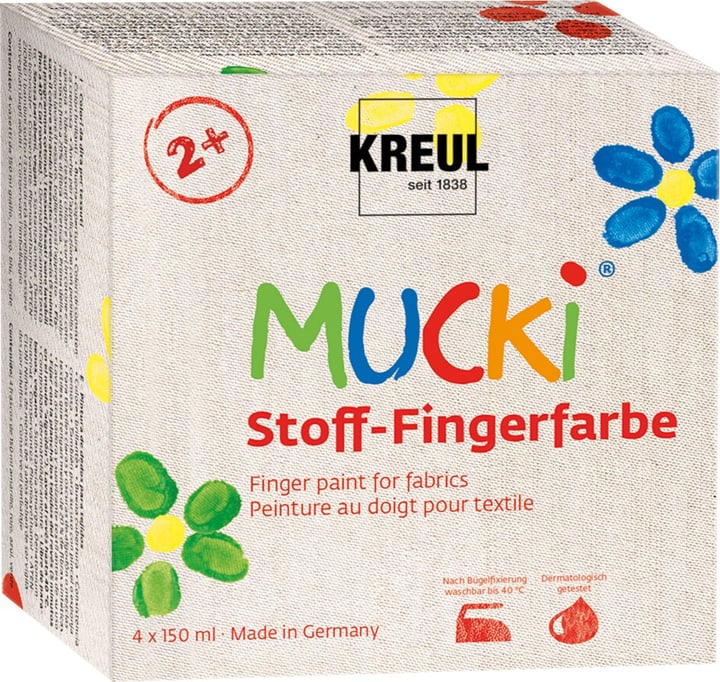 Image of C.Kreul MUCKI Stoff-Fingerfarben 4er Set, Farben auf Wasserbasis für Kinder, Bunt, 4 x 150 ml Fingerfarben Set