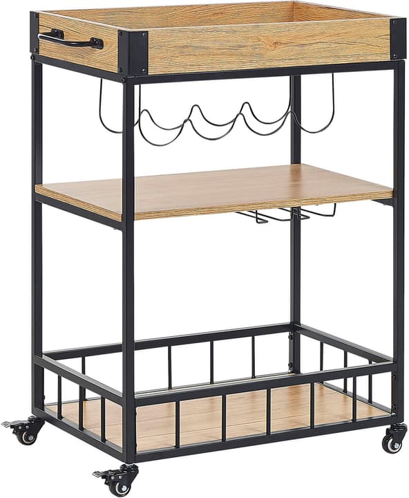 Image of Beliani Servierwagen Metall heller Holzfarbton / schwarz mit Weinregal 3 Etagen HULLET