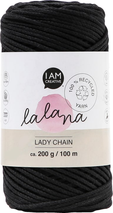 Image of Lady Chain black, Lalana Kettengarn zum Häkeln, Stricken, Knüpfen & Makramee Projekte, Schwarz, ca. 2 mm x 100 m, 200 g, 1 Strang Wolle