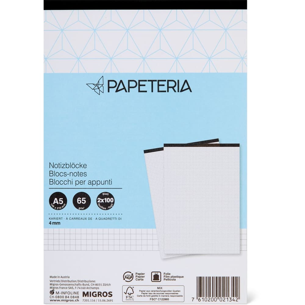 Achat Papeteria · Bloc de papier à lettres A5, non ligné · 100g/m2, avec  buvard et guide-lignes • Migros