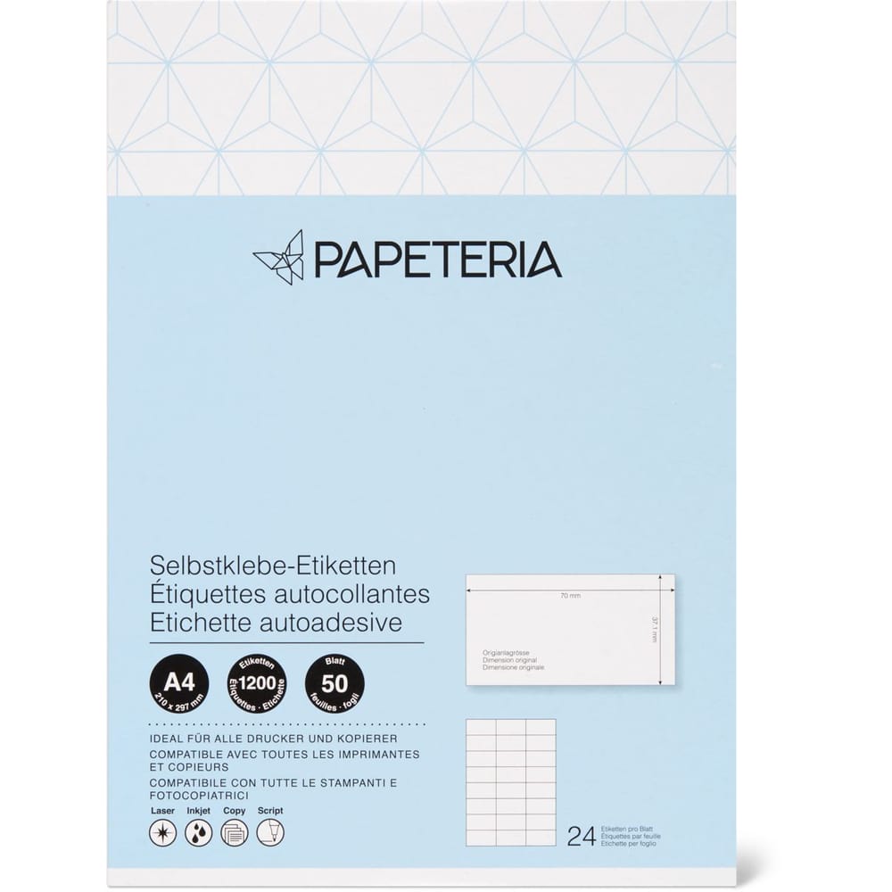 Achat Papeteria · Etiquettes autocollantes à copier · 50 feuilles A4 à 24  étiquettes / 70x37 mm • Migros