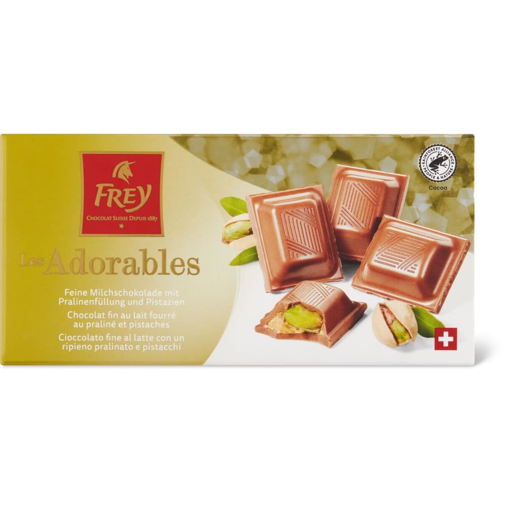 Achat Frey Les Adorables · Tablette de chocolat · Au lait fourré praliné et  pistaches • Migros