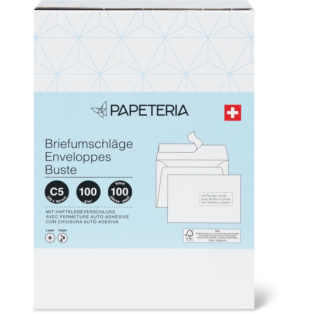 Achat Papeteria · Enveloppes C5/6 · avec fenêtre à droite & fermeture auto- adhésive • Migros