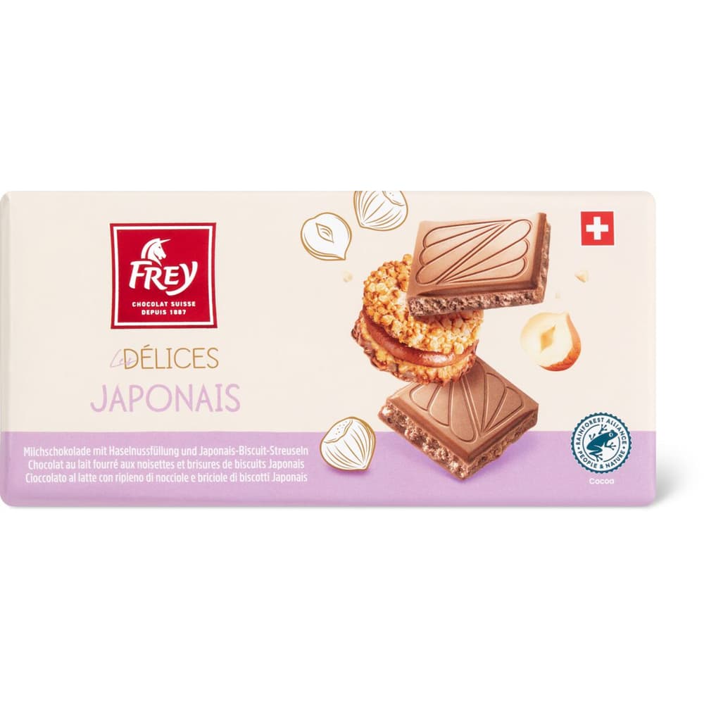 Frey Les Délices · Tablette de chocolat · Au lait fourré, noisettes avec  brisures de biscuits Japonais