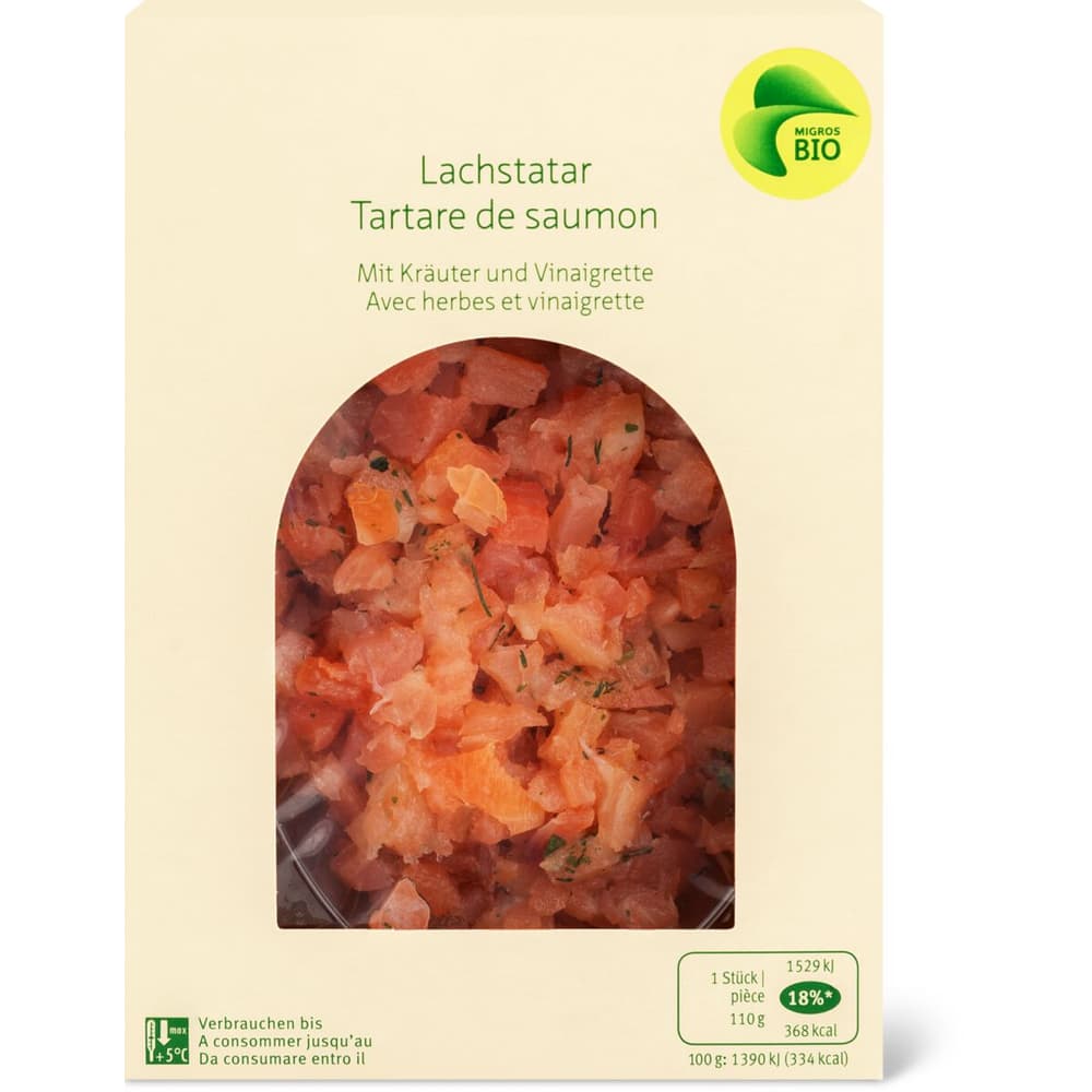Migros Bio · Norwegisches Lachstatar · Mit Kräuter und Vinaigrette • Migros