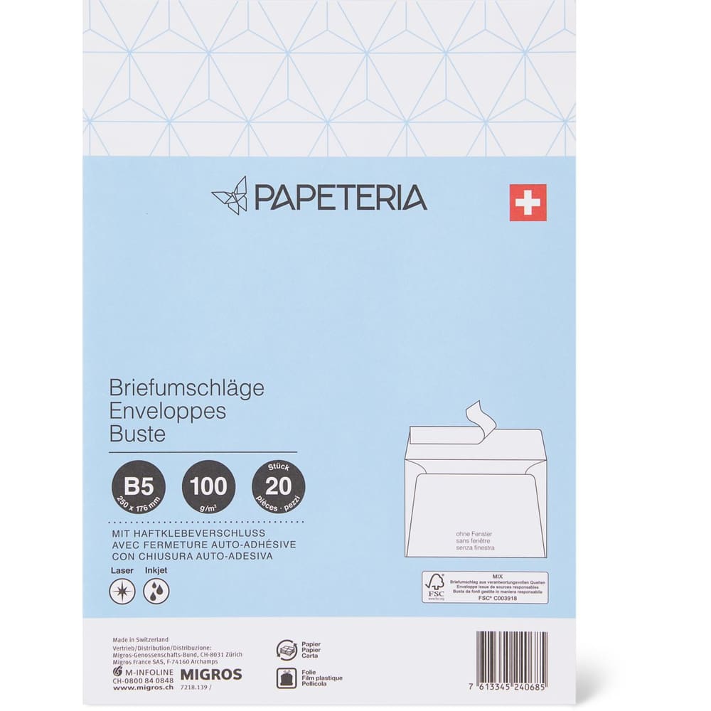 Achat Papeteria · Enveloppes B5 · Sans fenêtre, avec fermeture auto-adhésive  • Migros
