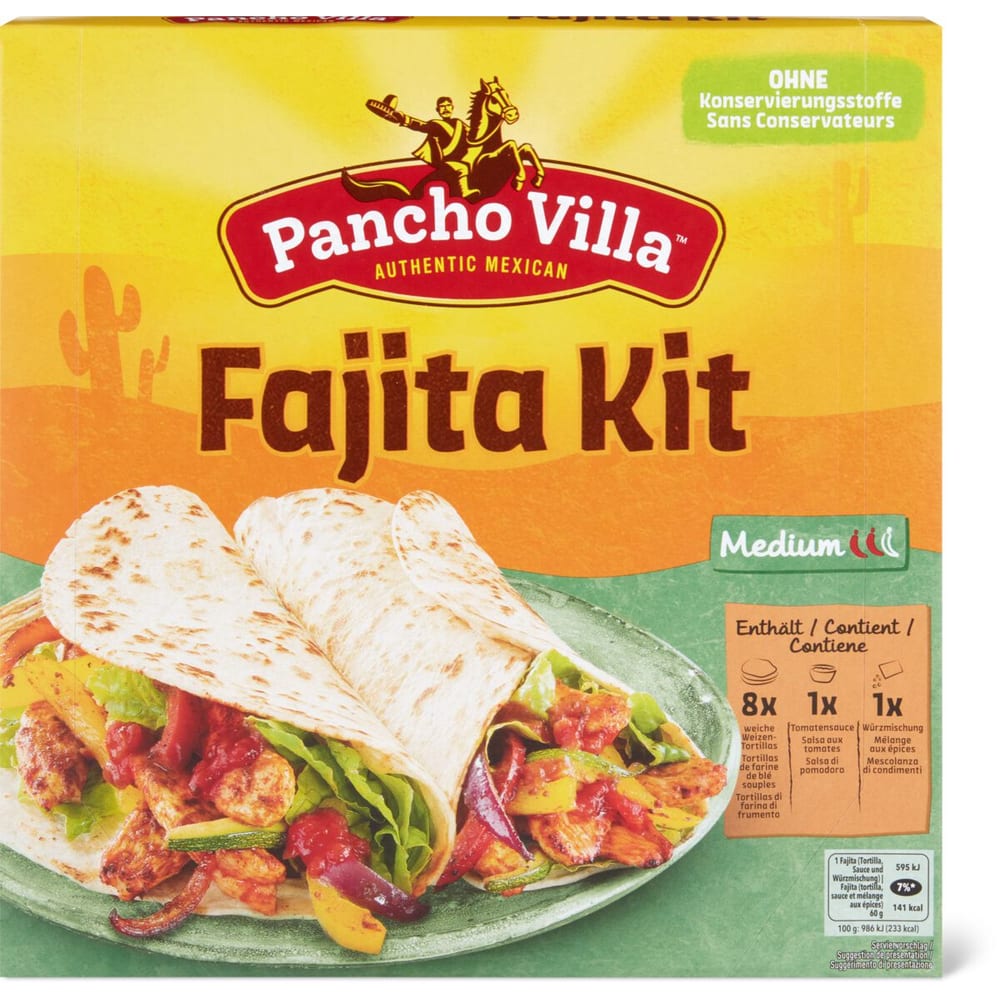 Pancho Villa · Fajita Kit Medium · 8 soft wheat tortillas, 1 bag of