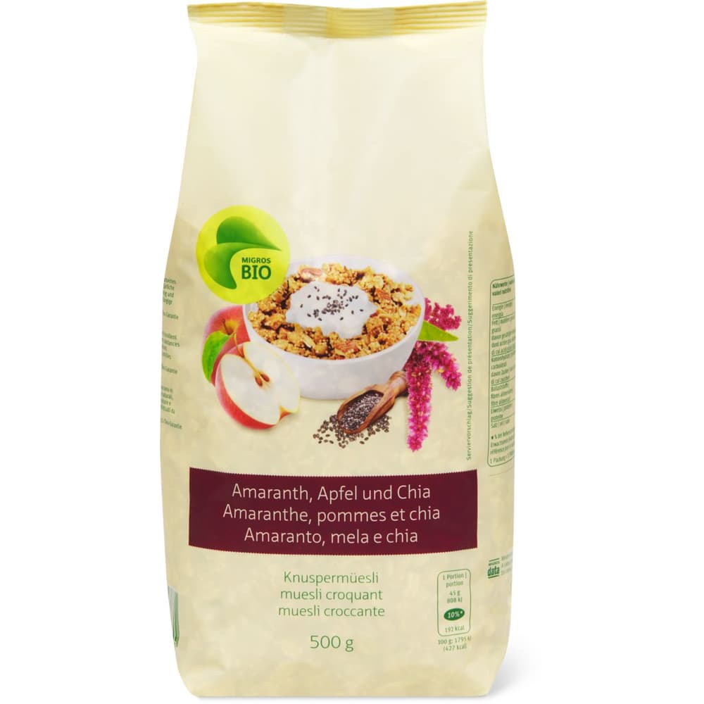 Migros Bio · Müesli croccante · Amaranto con chia e mela