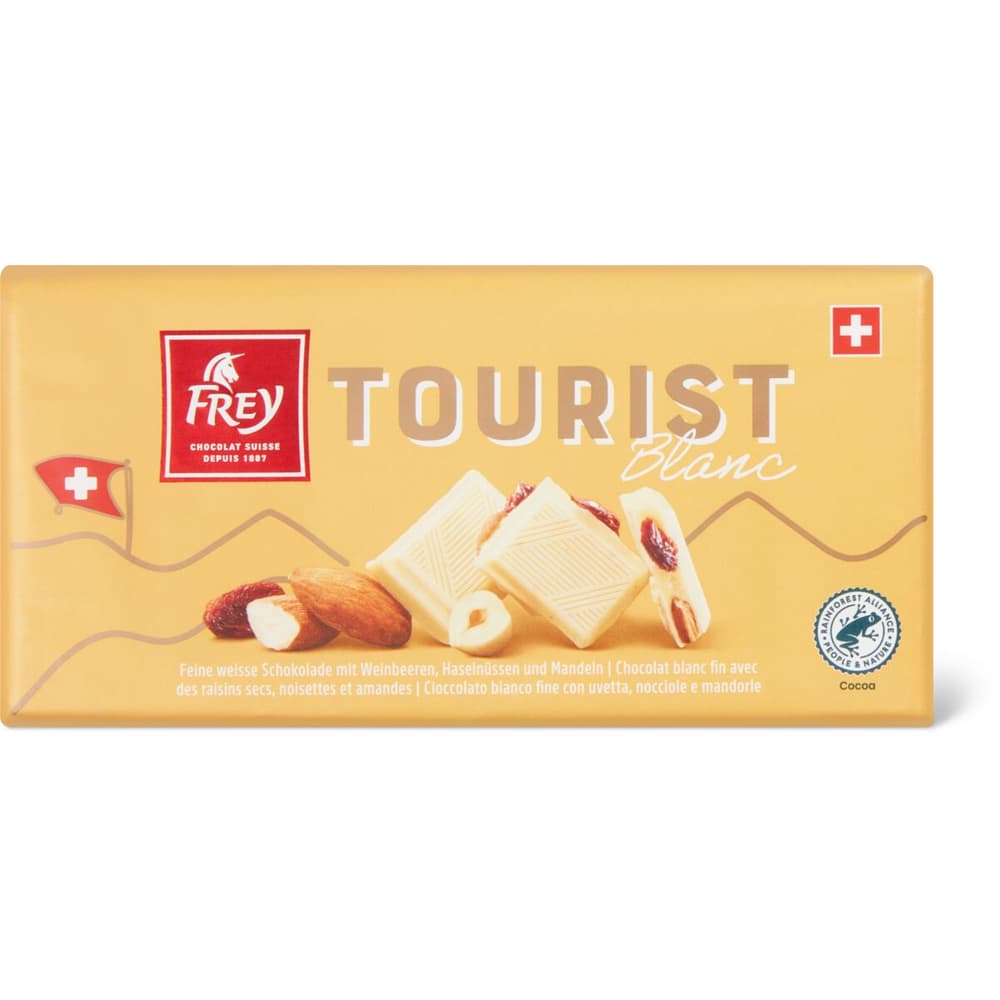 Frey Tourist · Chocolate bars · White, raisins, nuts and almonds • Migros