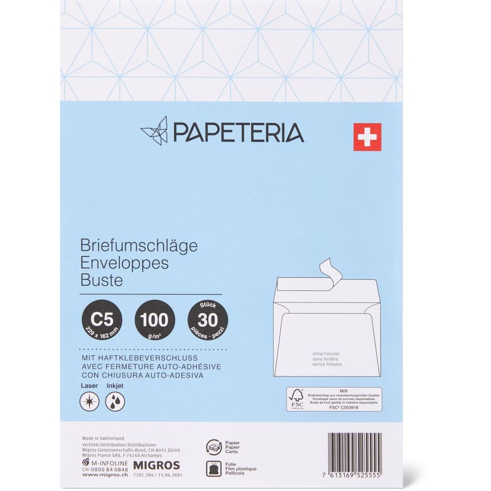 Achat Papeteria · Enveloppes C5 · Sans fenêtre, avec fermeture auto-adhésive  • Migros