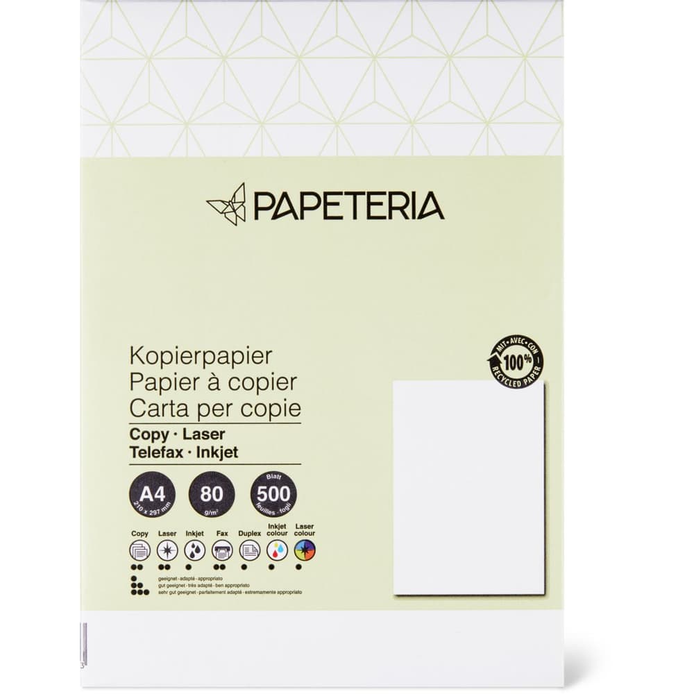 Acquista Papeteria · Carta per copie · A4 - 210x297mm - 80g/m2 - Riciclata  al 100% • Migros