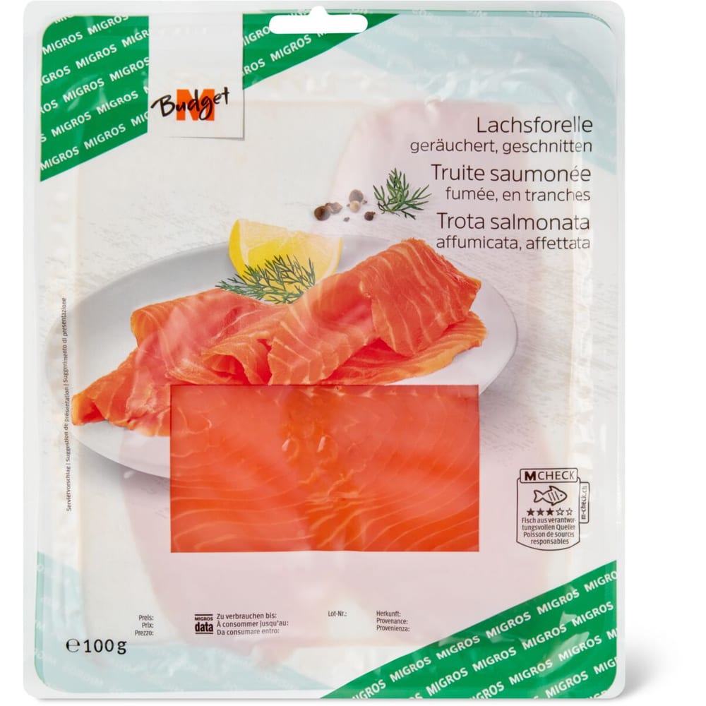 M-Budget · Truite saumonée · fumée, en tranches • Migros
