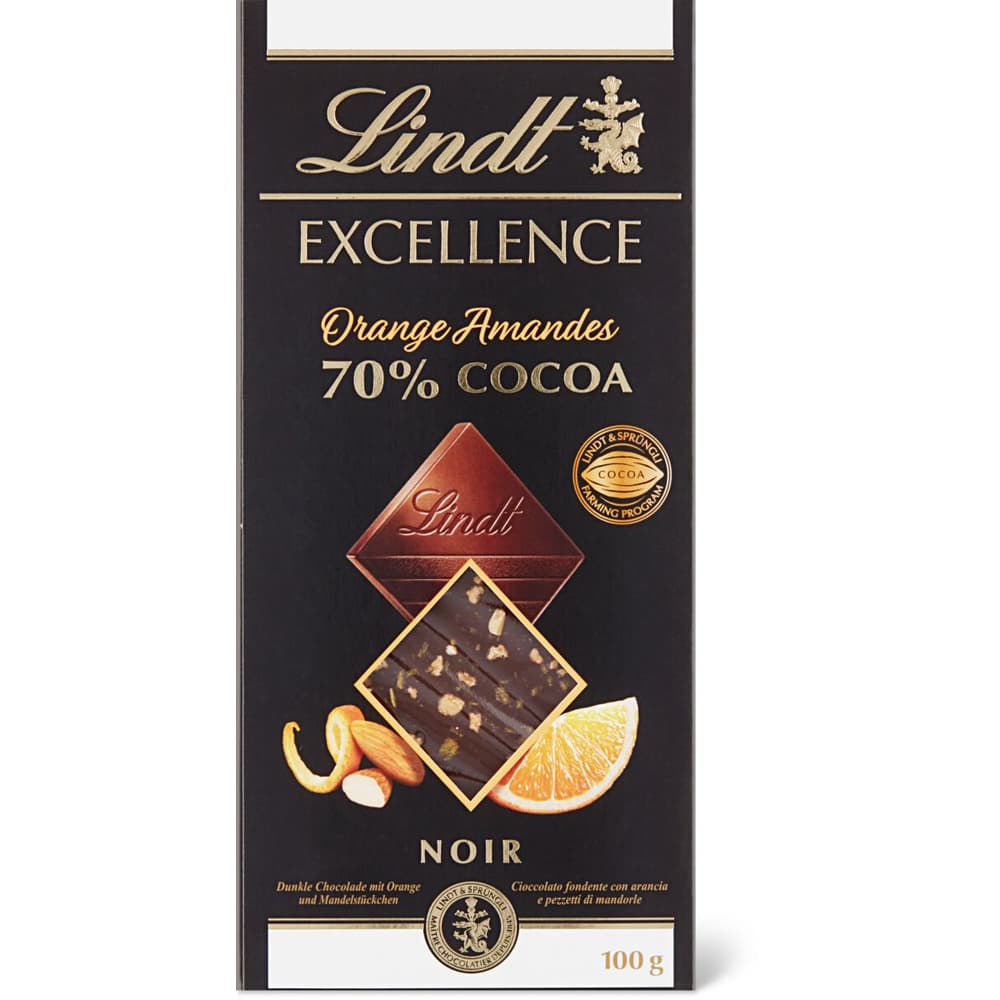 Lindt Excellence · Tafelschokolade · Dunkel Orange Mandel 70 Kakao • Migros 0082