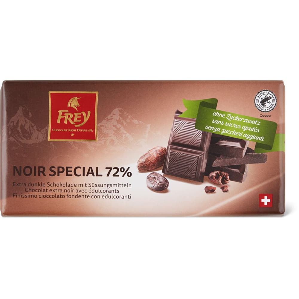 Achat Frey · Noir Special 72% chocolat extra noir · sans sucre ajoutés •  Migros