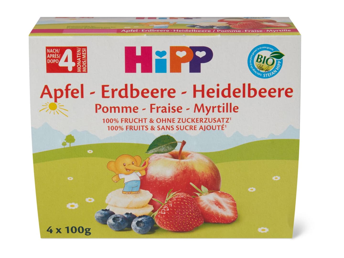 HiPP Bio · Compote pomme, fraise, myrtille · Dès 4 mois • Migros