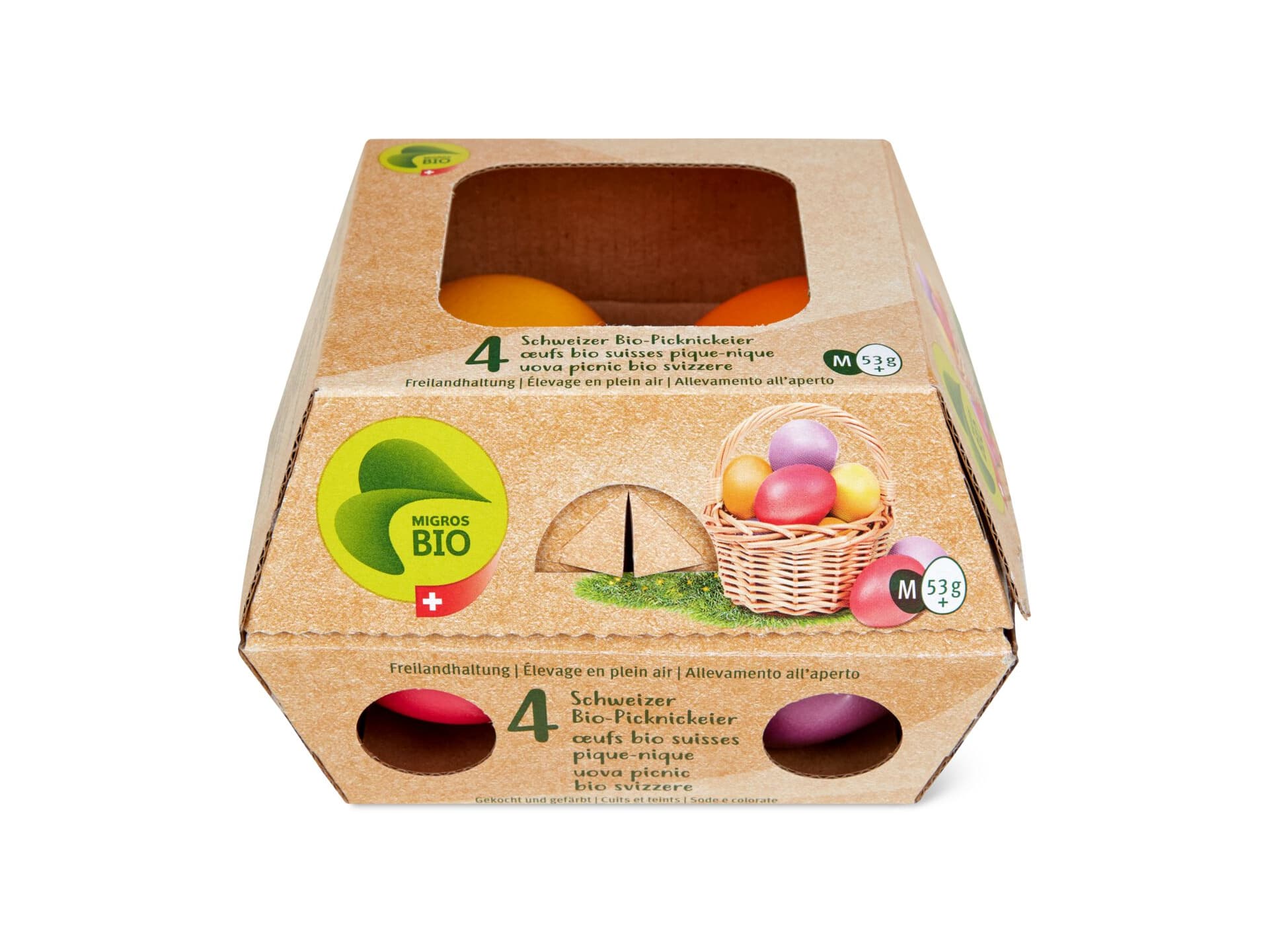 Kaufen Bio · Schweizer Eier M · Freiland, gekocht &amp; gefärbt • Migros
