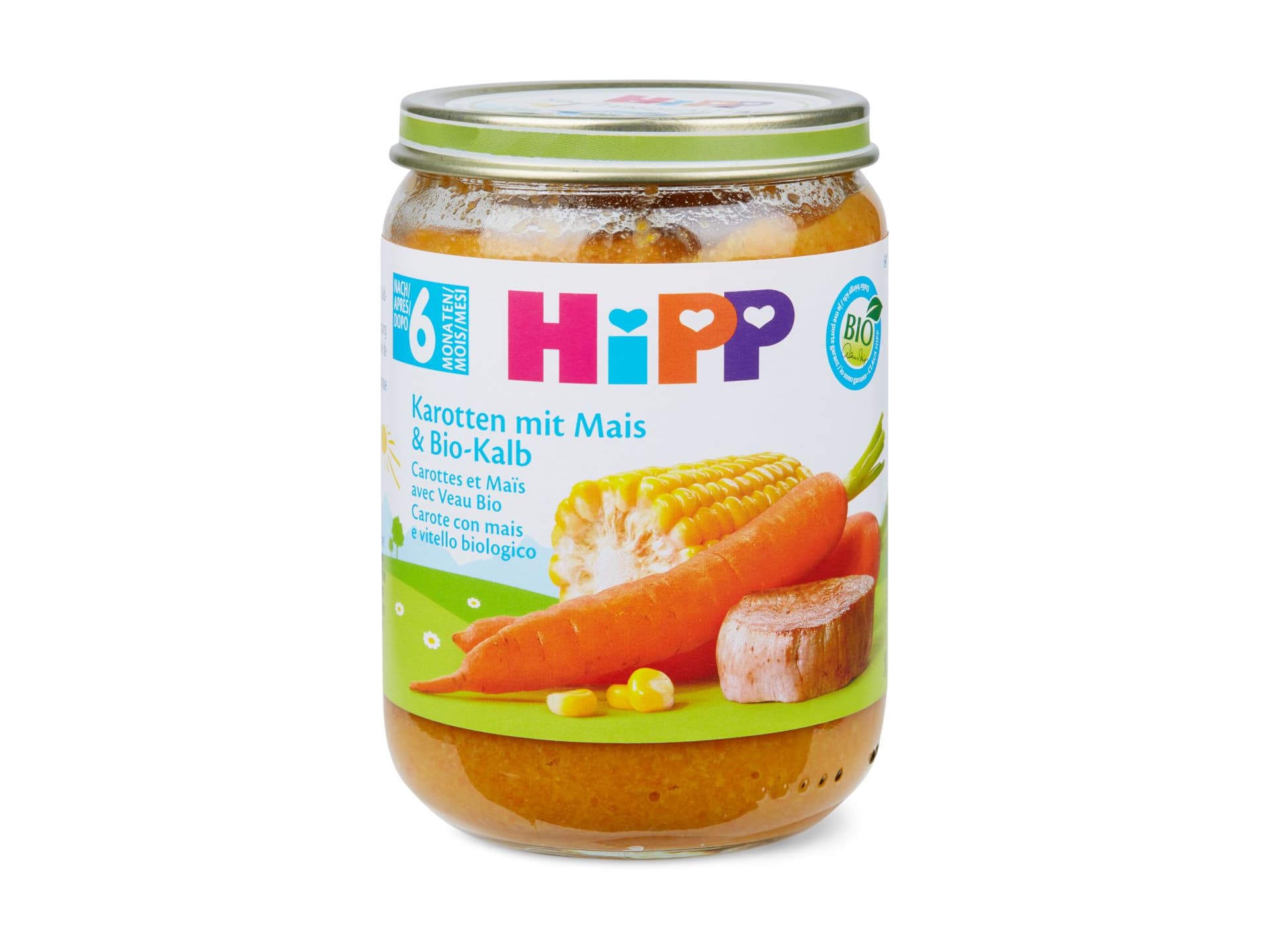 HiPP Bio · Babygläschen mit Karotten, Mais und Bio-Kalb · Ab 6 Monaten ...