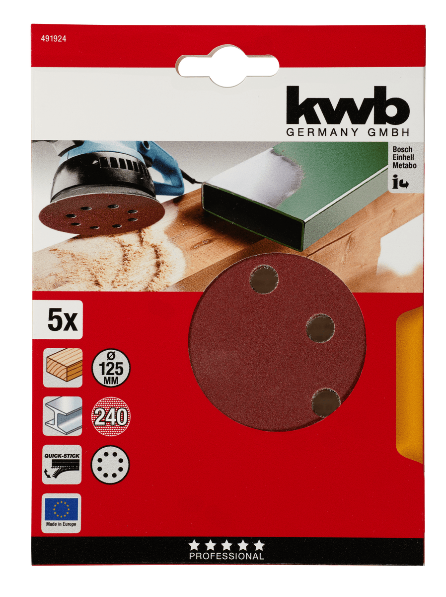 kwb ø 125 mm, K240, 5 pz. Dischi di carta abrasiva legno & metallo